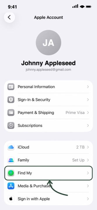 The Apple Account screen, with Find My highlighted.