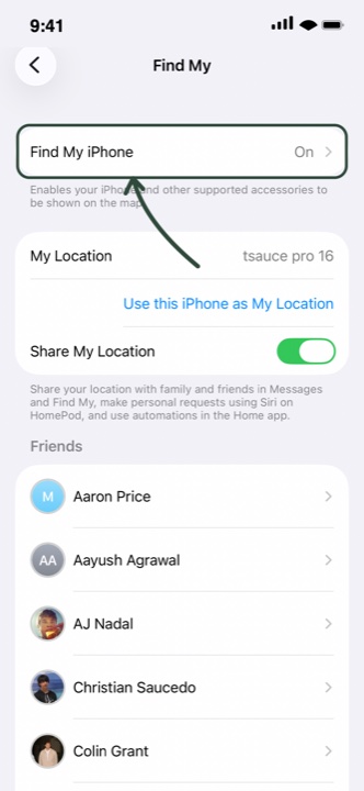 The Find My screen, with Find My iPhone highlighted.