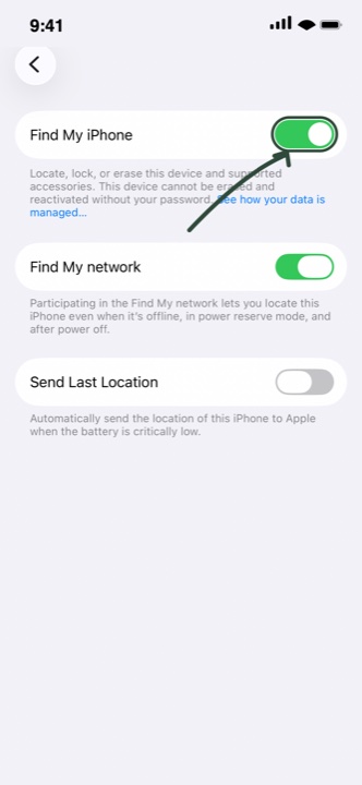 The Find My iPhone screen, with the toggle still on and an arrow pointing at it.