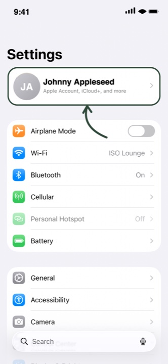 iPhone Settings, with your name at the top highlighted.